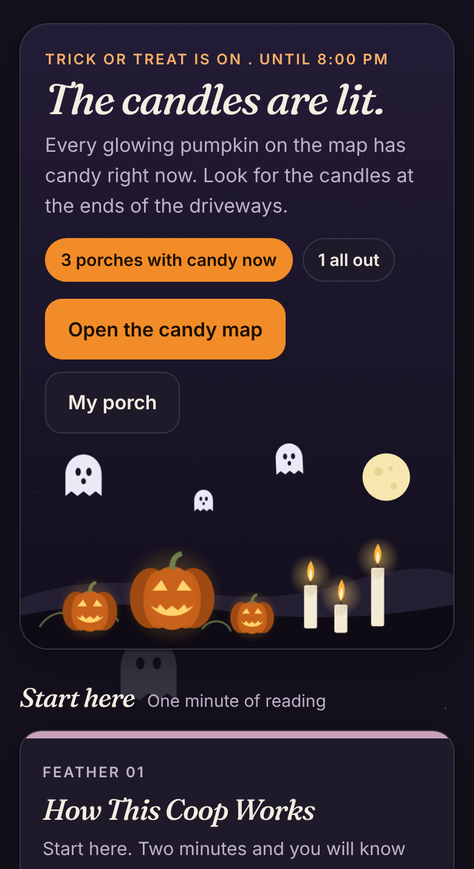 The Porch Lights home screen at night: trick or treat is on until 8 PM, a count of porches with candy, a button to open the candy map, and glowing pumpkins and candles along the bottom