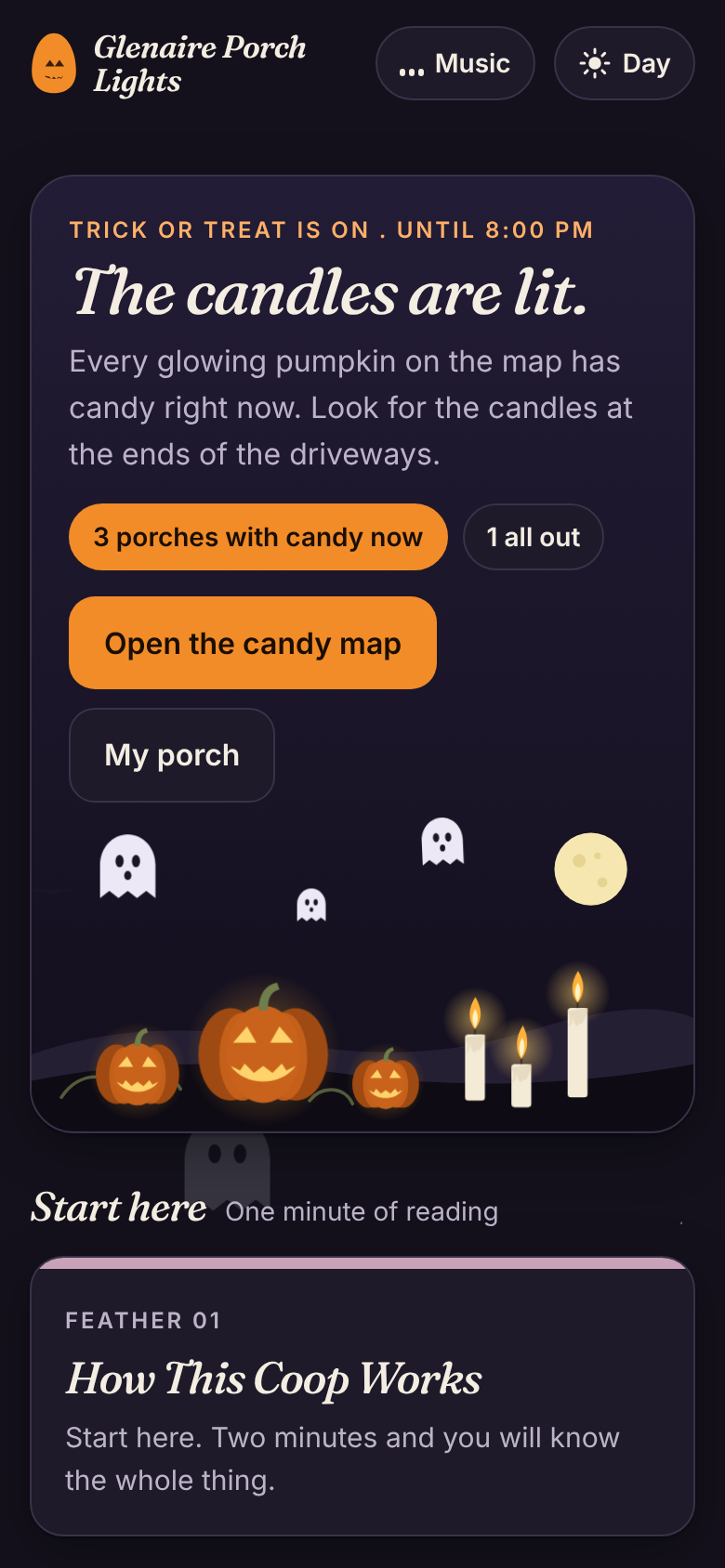 The Porch Lights home screen at night, showing the neighborhood map with glowing jack o lantern pins on lit houses