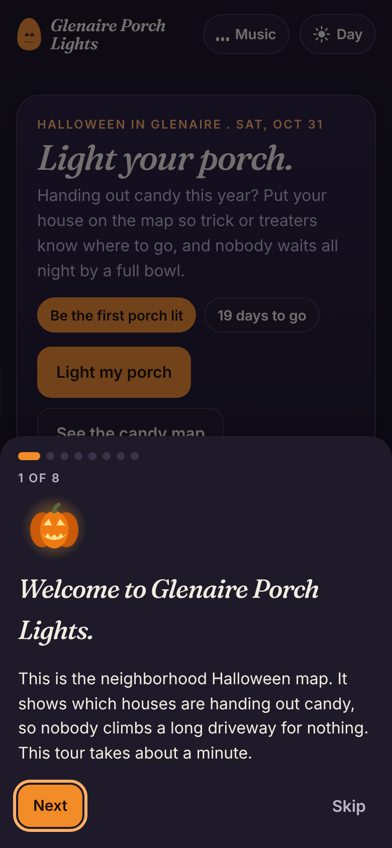 The guided first visit tour, explaining the map to a neighbor opening the link for the first time
